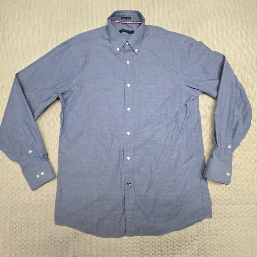 Tommy Hilfiger Shirt Mens Medium 15.5 34/35 Blue Button Down Non Iron Chambray